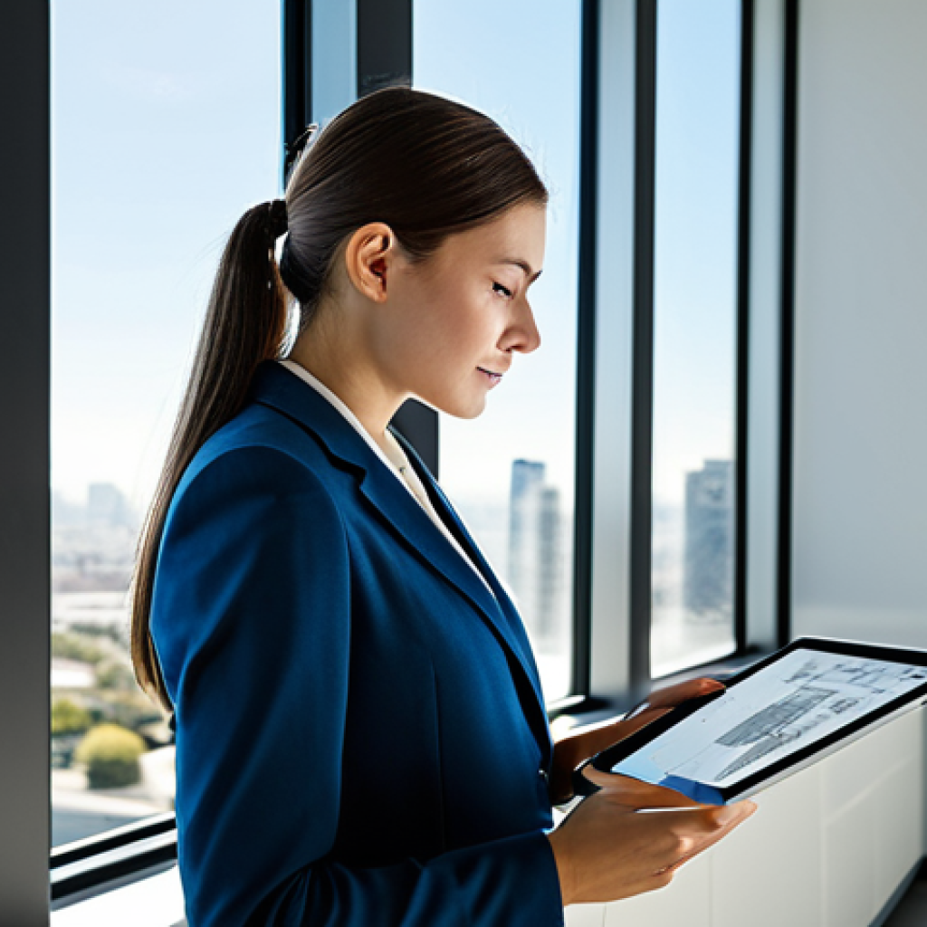 **

"A professional female architect, fully clothed in modest business attire, reviewing blueprints on a digital tablet in a sunlit, modern architectural office. Background features clean lines, minimalist decor, and a cityscape view. Safe for work, appropriate content, perfect anatomy, natural pose, professional photography, high resolution."

**