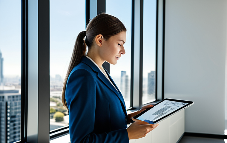 **

"A professional female architect, fully clothed in modest business attire, reviewing blueprints on a digital tablet in a sunlit, modern architectural office. Background features clean lines, minimalist decor, and a cityscape view. Safe for work, appropriate content, perfect anatomy, natural pose, professional photography, high resolution."

**