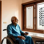음성 인식 기술을 활용한 접근성 개선 방안 - A detailed, heartwarming scene inside a modern Pakistani home where a middle-aged man with motor neu...