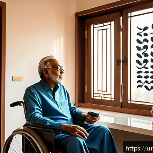 음성 인식 기술을 활용한 접근성 개선 방안 - A detailed, heartwarming scene inside a modern Pakistani home where a middle-aged man with motor neu...