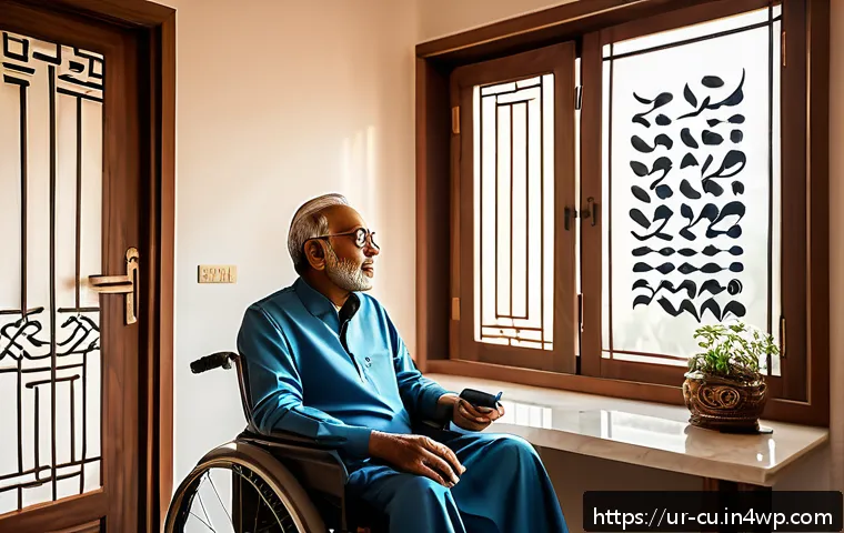 음성 인식 기술을 활용한 접근성 개선 방안 - A detailed, heartwarming scene inside a modern Pakistani home where a middle-aged man with motor neu...