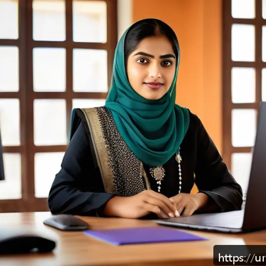 기술적 내용 접근성을 위한 인식 개선 방법 - A modern home office setup showcasing a young South Asian professional woman with traditional Urdu c...