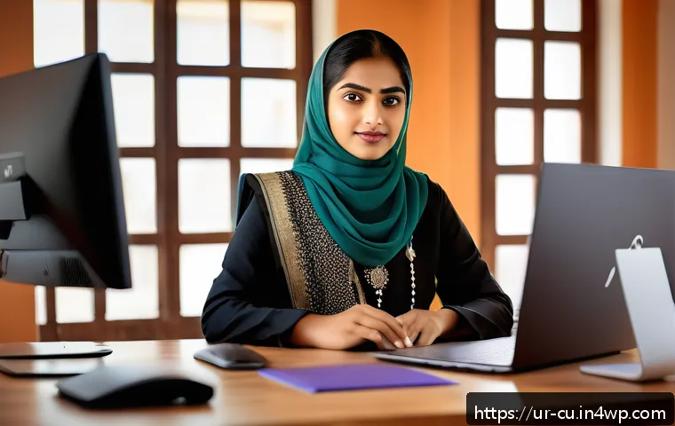 기술적 내용 접근성을 위한 인식 개선 방법 - A modern home office setup showcasing a young South Asian professional woman with traditional Urdu c...